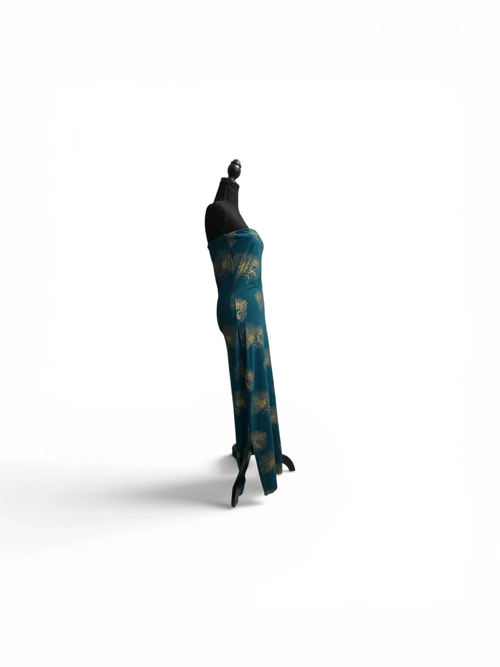 Strapless Teal Evening Column Dress with Gold Floral Accents